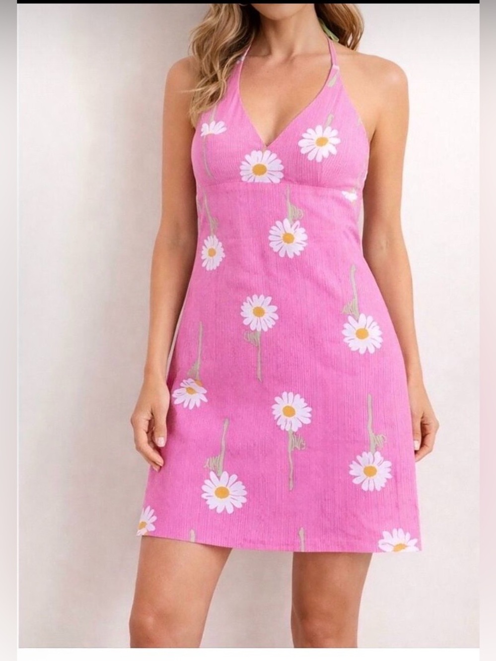 Lilly Pulitzer Vintage Cotton White Daisy Print Pink Halter Mini Dress Size 10